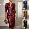European American Women Deep V Puff Shoulder Faux Leather Midi Dress Long Sleeve Cinched Waist Bodycon Dress