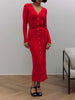 Elegant Evening Dress Women V Neck Long Sleeve Patchwork Button Slit Sweater Dresses Autumn Winter Knit Maxi Dress