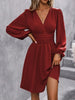 Dresses Woman Clothing V Neck Lantern Sleeve Wrap Mini Dress Ruched Waist Flowy Hem Elegant for Autumn and Party Styles