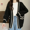 Autumn Vintage Mid Long Sweater Cardigan Woman Preppy Style Contrast Color Knitted Coat No Button Casual Street Open Outerwear