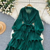 High End Party Ruffles Runway Dresses Women Lantern Sleeve Lace-up Loose Stretch Celebrity Beautiful Long Dress