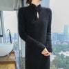 Women' 100%Pure Mink Cashmere Dress Stand-Up Collar Buckle Slim Knit Long Skirt High Waist Over The Knee Bottoming Dress