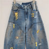 Chic Y2K Style Metal Decoration Washed Blue Women's Stacked Jeans Pants For Woman Clothing Wide Leg Vintage Denim Trouserso
