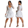 Women Dress Diamonds Splice Ruffles Mini Dresses Square Collar Full Sleeve Slim Fit Sold Evening Party Vestidos Elegant Ladies