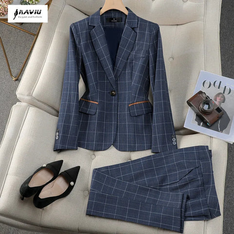Khaki Blue Plaid Suits Women Spring Prfessional High End Casual Blazer And Pants Sets Office Lady Work Wear