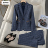 Khaki Blue Plaid Suits Women Spring Prfessional High End Casual Blazer And Pants Sets Office Lady Work Wear