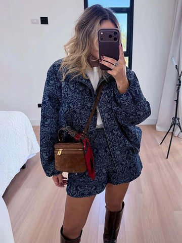 Vintage Print Zip Up Jacket 2 Piece Set Stand Collar Loose Coat High Waist Casual Shorts Women Autumn Retro Suit