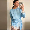 Women's Satin Short Dress Patchwork Lace Trim Crew Neck Long Sleeve Loose Dresses Spring Lady Casual Daily Chic Streetwear