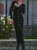 Elegant Evening Dress Women V Neck Long Sleeve Patchwork Button Slit Sweater Dresses Autumn Winter Knit Maxi Dress