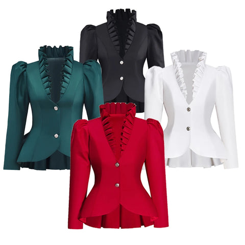 （in stock）Women Victorian Gothic Red Blazer Formal Business Ruffles Slim V Neck Jacket Victorian Elegant Pirate Jacket