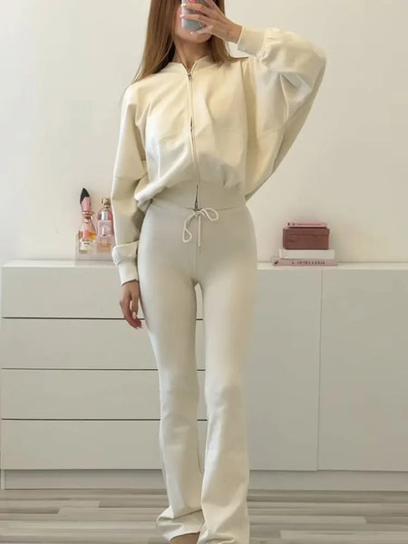 Women Casual Solid Coat Flared Pants Suits Long Sleeve Zipper Bomber Jackets Lady Chic Outfit 2 Piece Set