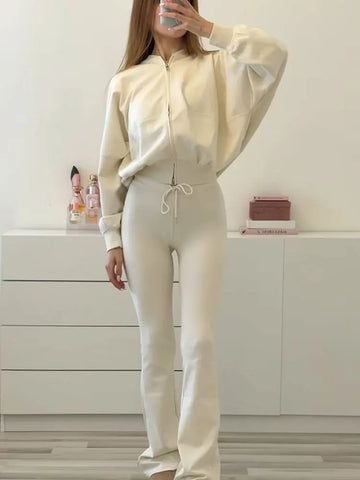 Women Casual Solid Coat Flared Pants Suits Long Sleeve Zipper Bomber Jackets Lady Chic Outfit 2 Piece Set