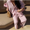 Striped Print Shirt Pants Set Turn Down Collar Three Quarter Sleeve Blouses Wide Leg Trousers Suit Casual Chic Women Outfit
