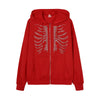 Y2K Rhinestone Skeleton Hoodies Women Gothic Black Zip Up Oversized Sweatshirts Female Retro Harajuku Hooded Jacket Streetwear
