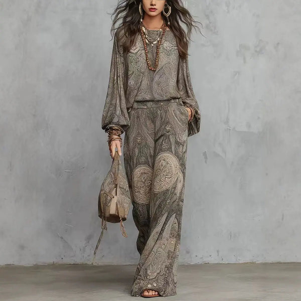 Boho Paisley Print 2 Pieces Set for Women O Neck Top Blouses Elegant Outfit Spring Casual Loose Wide Leg Trousers Suit