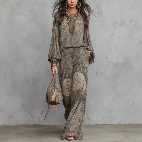 Boho Paisley Print 2 Pieces Set for Women O Neck Top Blouses Elegant Outfit Spring Casual Loose Wide Leg Trousers Suit