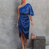 Womens Satin One Shoulder Batwing Sleeve Ruched Bodycon Midi Long Dress Asymmetrical Wrap Front Cocktail Party Dresses
