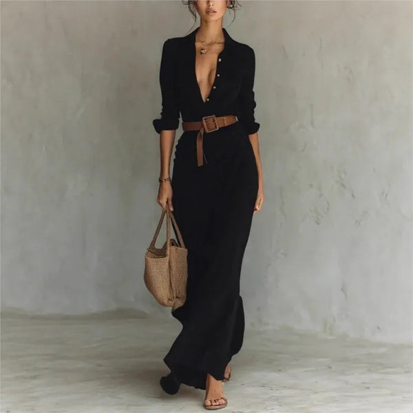 Women's Solid Holiday Party Dress Elegant Lapel Button Draped Long Dress Casual Long Sleeve Match With Belt Shirt Dress