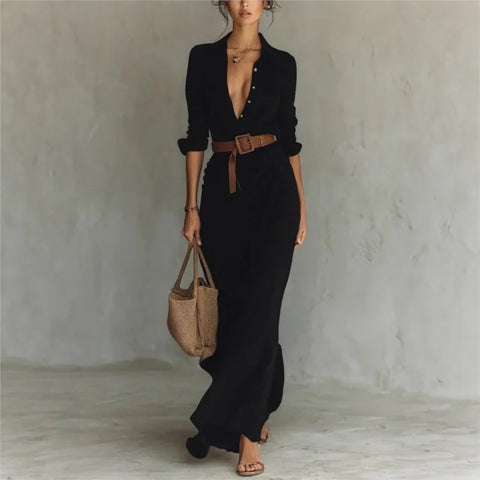 Women's Solid Holiday Party Dress Elegant Lapel Button Draped Long Dress Casual Long Sleeve Match With Belt Shirt Dress