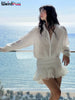 Tierred Dress Woman Autumn See-Through Solid Turn-Down Collar Shirt Ruffles Chic Long-Sleeve Chiffon Bodycon