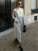 Lace-Up Female Knit Maxi Dress Autumn High Waist Patchwork Long Sleeve Loose Solid Dress Bandage Knitwear Dress