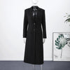 V-Neck Longline Tailored Double-Breasted Blazer Coat Black Peak Lapel Welt Pockets Autumn Elegant Office Women Outerwear