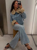 Furry Trim Cropped Denim Jacket Single Breasted Long‑Sleeve Winter Women Warm Outerwear Versatile Lady Casual Jean Coat