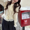 Korean Sweet Lace Patchwork Knitted Cardigan Women Spring Autumn Y2K Harajuku Lace-Up Sweater Coat Short Kawaii O-Neck Knitwear