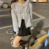 French White Tweed Crop Jacket for Women Autumn Elegant Slimming Decor Button Coat Woman Round Neck Long Sleeve Outerwear