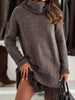 Autumn Winter Turtleneck Patchwork Mini Dress, Holiday Long Sleeve Chic Sweater Dress, Solid Loose Ladies Dress