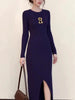 Spring Autumn Metal Deco Knitted Dress For Women Round neck Long Sleeve Split Slim Mid Length Sweater Dresses