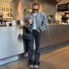 Double Zip Rib Collar Women Cropped Jacket Long Sleeve Side Pockets Loose Oversized Solid Autumn Coats Daily Chic Jackets