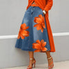 Streetwear Women's Red Floral Print Denim Midi Skirt High Waist A-Line Casual Swing Skirt Plus Size Flared Jean Skirt