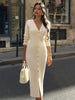 Elegant Evening Dress Women V Neck Long Sleeve Patchwork Button Slit Sweater Dresses Autumn Winter Knit Maxi Dress