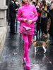 High Street Designer Stylish Dress Women's Long Sleeve Sexy Hollow Out Bow Dress Hot Pink