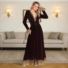 Women's Velvet Dress Retro Sexy V-neck Lace Trim Patchwork Flare Sleeve Autumn Elegant Vintage Chic Ethnic Pleated A-Line Dress