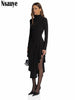 Casual Women Pullover Turtleneck Black Elegant Long Sleeve Midi Dress Ruffles Sexy Party Evening Night Club Dress