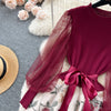 Senior Knitted Patchwork Dress Long Lantern Sleeves Bow Mesh Embroidery Floral Women Autumn France Elegant Party Dress