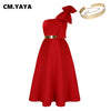 Women Big Bow Shoulder Skew Collar Big Swing Knee Length Dress Belt Street Vestidos Sexy Party Evening Chic Dresse