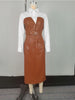 Womens Dresses Shirt PU Skirt Autumn Buttons Long Sleeve Patchwork Pocket Skinny Belted Lapel Female Midi Dress