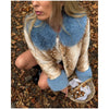 Deer Print Faux Fur Cropped Jacket Women Blue Contrast Lapel Cuff Button Up Fluffy Warm Coat Winter Casual Street Outwear