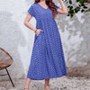 Plus size women's dress, Bohemian ethnic style printed V-neck batball sleeve dress, elastic waist, with pockets