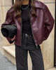 Wine Red Faux Leather Jakcet Outerwear Thicken Zipper Lapel Pu Coats Autumn Winter Streetwear Ladies Tops Women