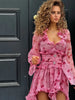 Women Elegant Floral A-line Pleated Dress Sexy Long-sleeved Waist Cinching Ruffle Mini Dresses Lady Vacation Street Gowns