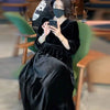 V-Neck Black Velvet Long Sleeve Dress For Women Spring Autumn Western Style Retro Solid Color Pleated Large Length Dresses