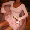 Sexy Black White Patchwork Ruffles Short Dress Women's Long Flare Sleeve Lace-up Evening Party Mini Dresses Female Blue Pink Red