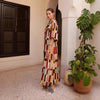 Spring Women's Casual Art Maxi Dress Colorful Patchwork Half Sleeves Shirt Collar Belted Waist Maxi Dress