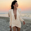 Deep V-Neck Shoulder Pads Gathered Dress Women Sexy Hip Wrap Slim Cross Dress Female Daily Dating Party Dress