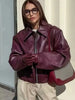 Wine Red Faux Leather Jakcet Outerwear Thicken Zipper Lapel Pu Coats Autumn Winter Streetwear Ladies Tops Women