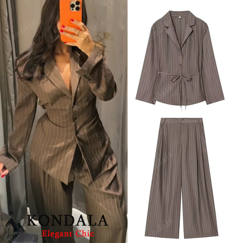 Women Elegant Striped Blazer Suit Slim Button Blazer or Wide-leg Pants Spring Fall Mujer Commute Pants Set